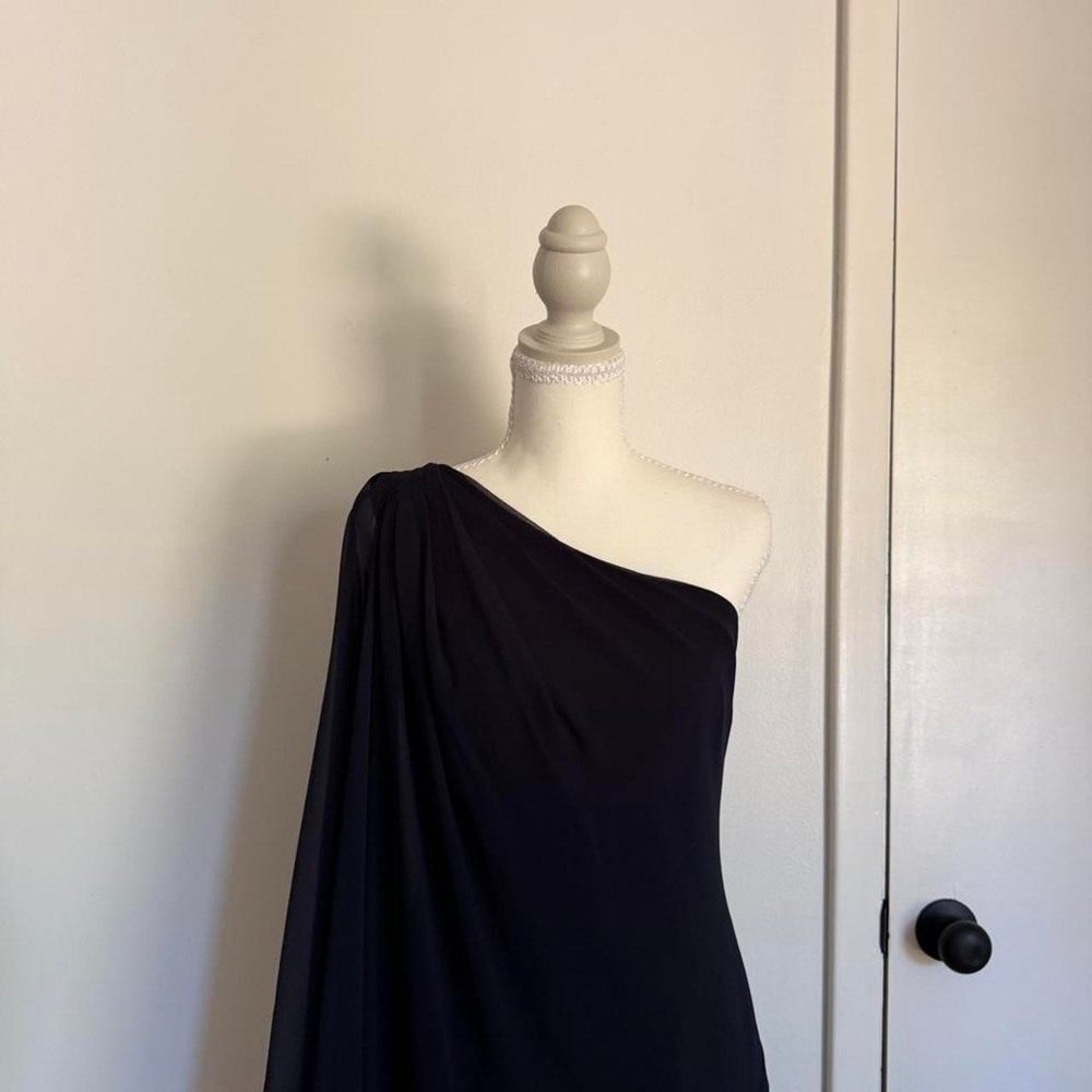 Ralph Lauren silk navy one shoulder mini dress with sheer cape - Picture 2 of 7